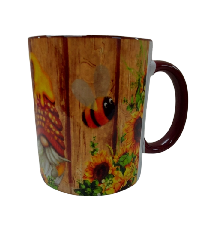 MUG - BURGUNDY - BEES / SUNFLOWERS / GONKS /GNOMES