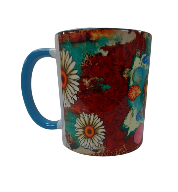 MUG - BLUE WITH TURTLE AND DAISIES