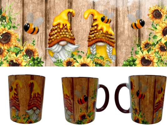 MUG - BURGUNDY - BEES / SUNFLOWERS / GONKS /GNOMES