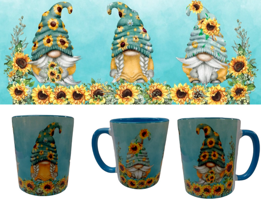 MUG - BLUE WITH GONKS / GNOMES AND SUNFLOWERS