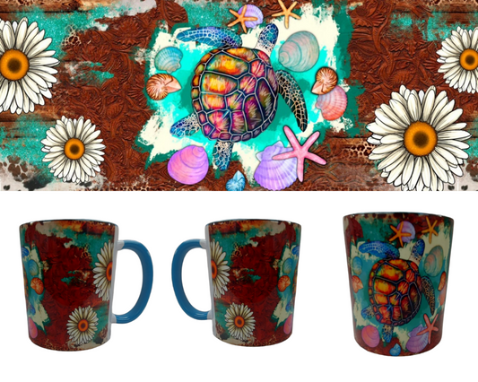 MUG - BLUE WITH TURTLE AND DAISIES