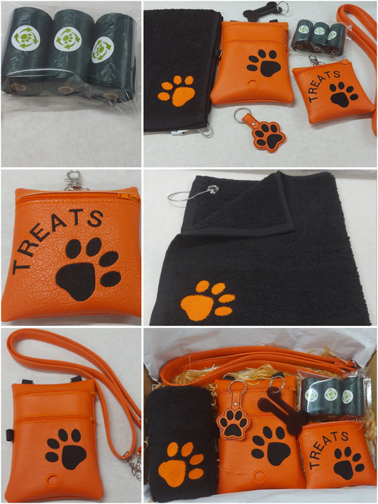 ULTIMATE DOG WALKERS GIFT SET ORANGE/BLACK - Walking Bag/Treat Bag/Keyring/Towel/Waste bag holder/ Poo Bags