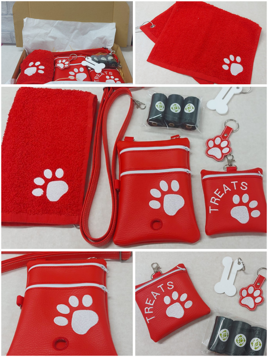 ULTIMATE DOG WALKERS GIFT SET RED/WHITE - Walking Bag/Treat Bag/Keyring/Towel/Waste bag holder/ Poo Bags